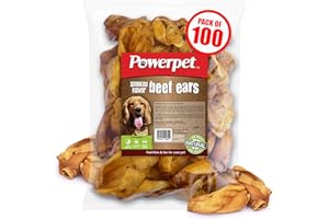 Powerpet Natural Cow Ears for Dogs - Premium Quality Treat, Low Fat, High Protein, Long-Lasting Chews - 100% Digestion - Healthy & Clean Teeth & Gums - All Breed Size - Smoked Beef Flavor, Pack of 100