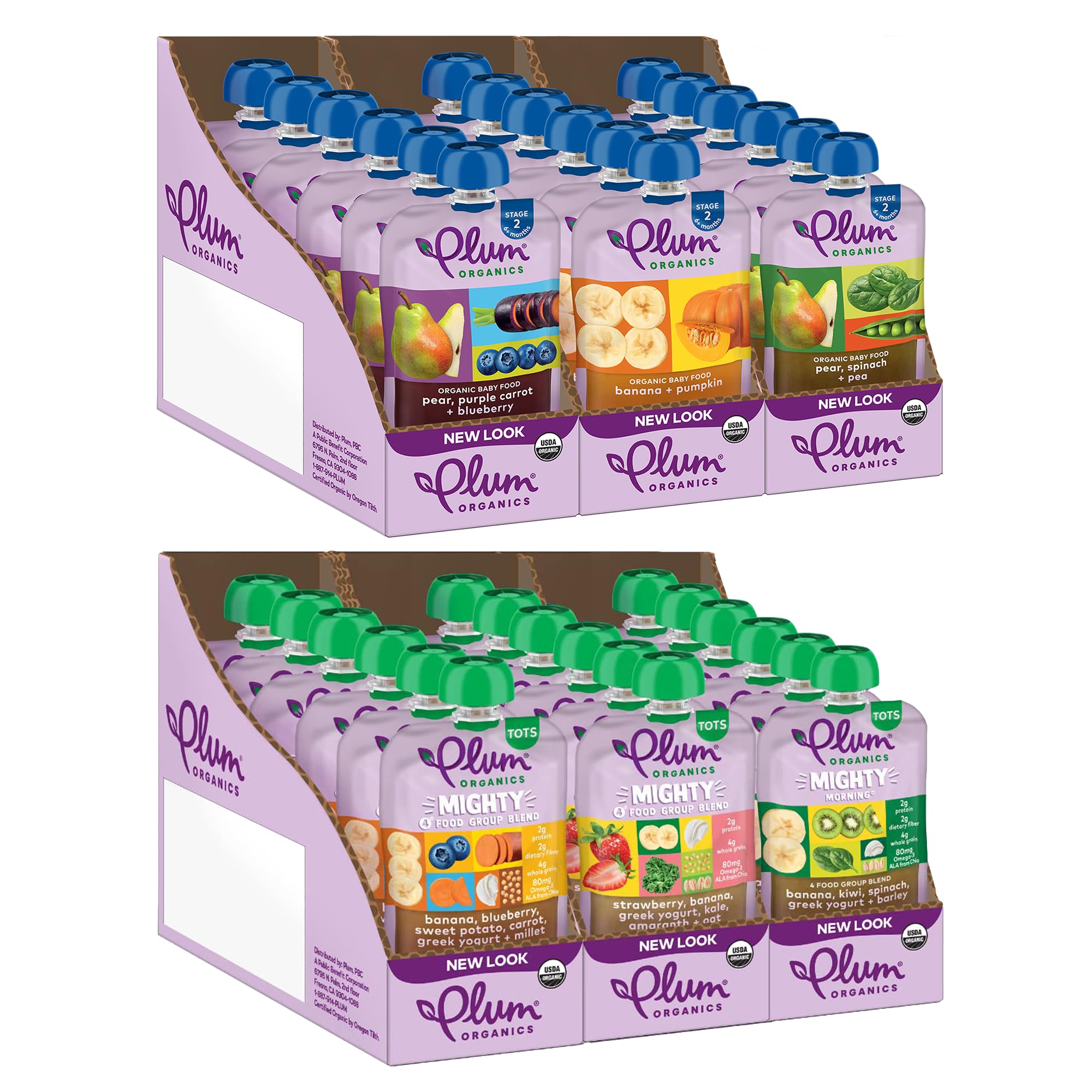 Plum Organics Baby Food Meal Variety Packs - Stage 2 Fruit/Veggie Pouches, 3 Flavors (18 Pack) & Tots Mighty 4/Mighty Morning Pouches, 3 Flavors (18 Pack) Image