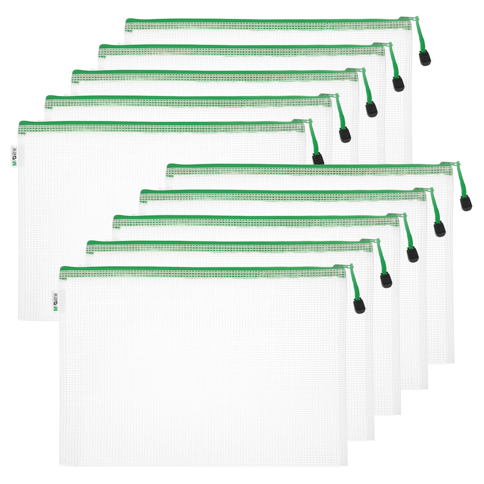 M&G Mesh Zipper Pouch Bag 13.4"x9.6", 10pcs Waterproof File Bag A4 Letter Size Document Organizing Storage for Office Supply Puzzle Cosmetic Travel, Green