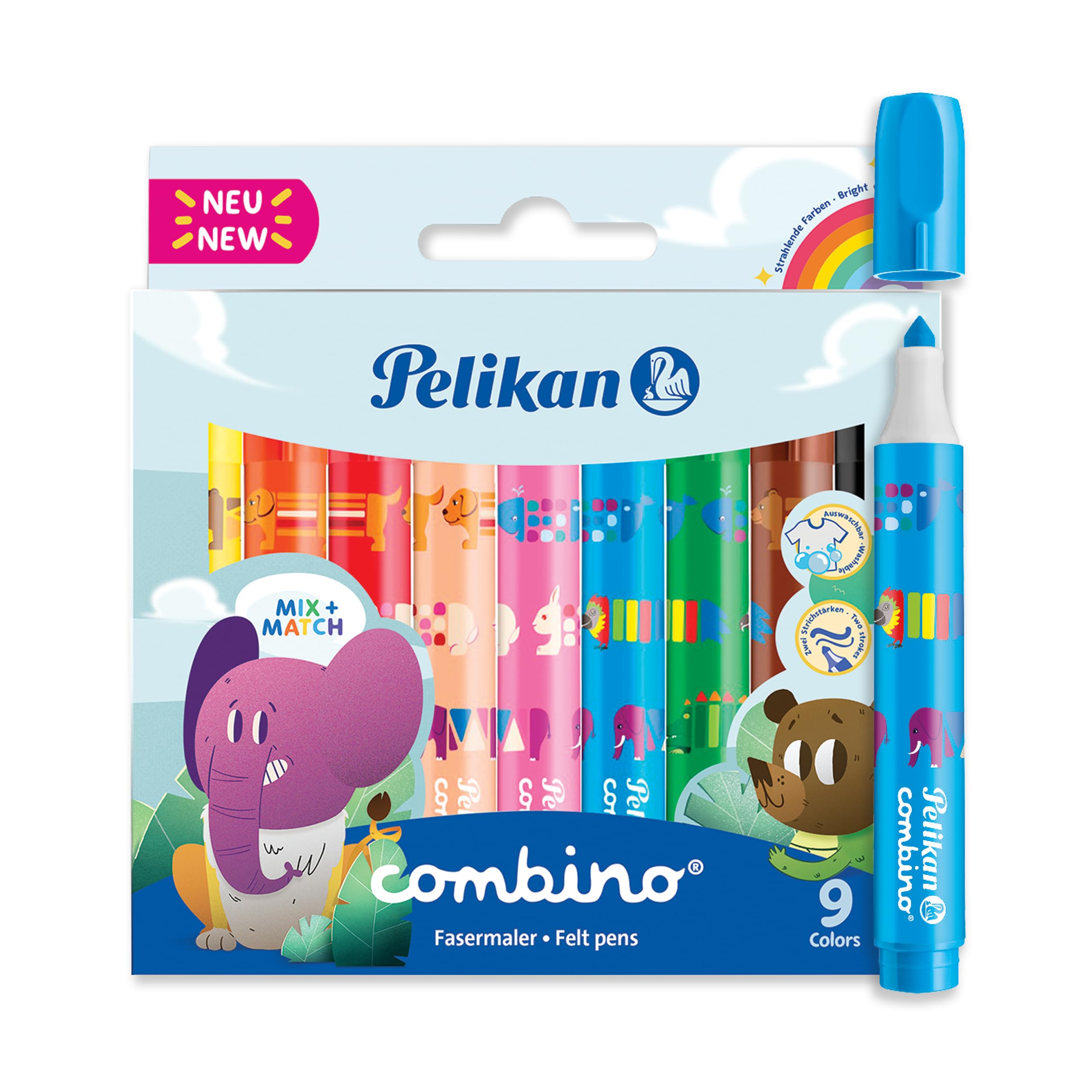 Pelikan Combino Washable Felt Tip Pens, 9 Assorted Colours with Name Field, Fibre-Tip Pens for Children’s Drawing, School & Home Art Set
