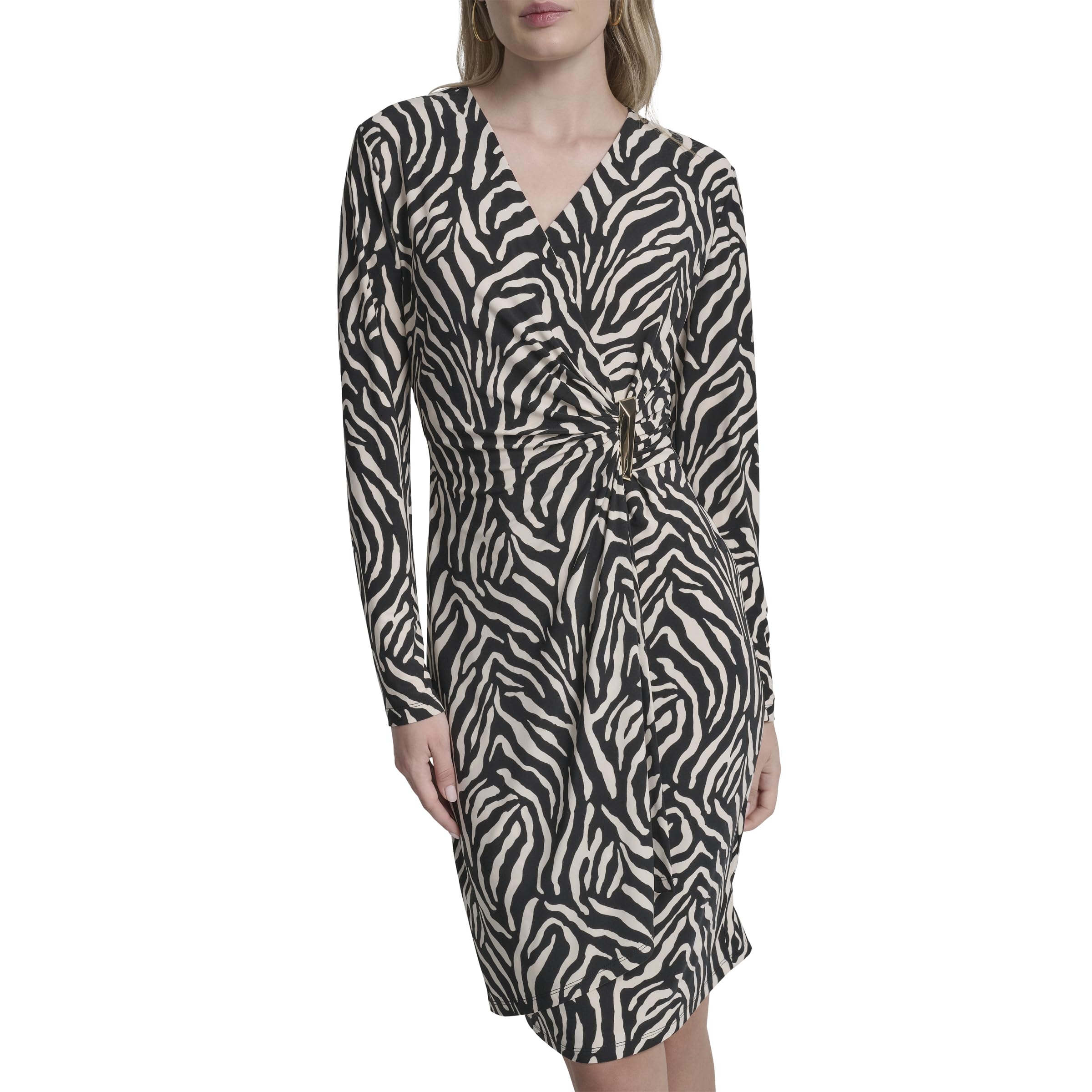 DKNY Women’s Long Sleeve Surplice Neck Sheath Dress, Black/Whitecap, 10