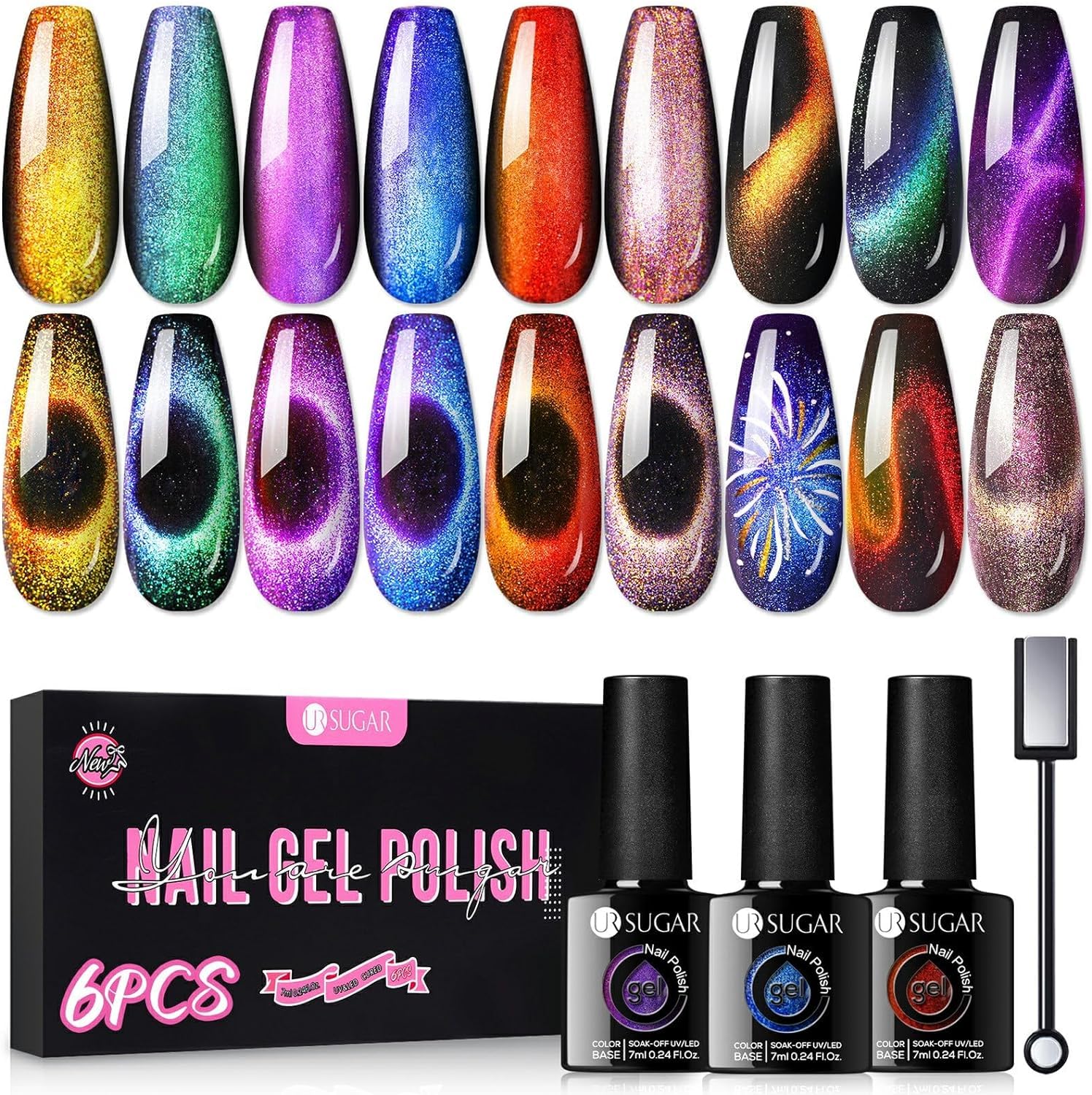 UR SUGAR Cat Magnetic Eye Gel Nail Polish 9D Cat Mag net Eye Polish Set with Magnet, 6 Colors Glitter Galaxy Chameleon Iridescent Effect Nail Gel Soak Off Nail Manicure Gifts Set for Women