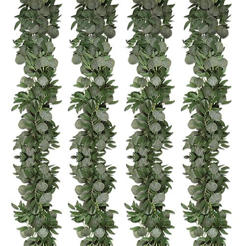 Homcomodar 4 Pack Artificial Eucalyptus Garland with Willow Leaves 6.5FT Fake Hanging Greenery Vines Decorative Artificial Green Plants for Table Wedding Arch Wall Garden Party Decor