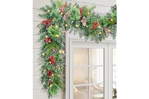 LAVEVE Pre-lit Christmas Garland 9FT with 100 Warm Lights, Battery Operated Xmas Garland with Long Snow Cedar Cones & Red Berries, Christmas Decoration for Mantle, Fireplace, Stair Railing, Porch
