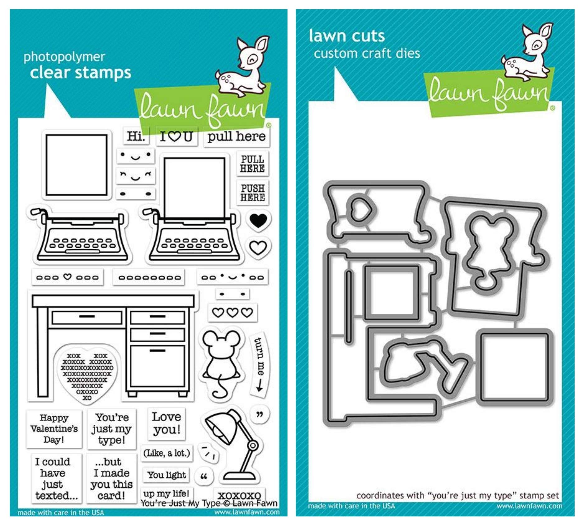 Lawn Fawn You're Just My Type 4"x6" Clear Stamp and Coordinating Custom Die Set, 2 Item Bundle (LF2165, LF2166)