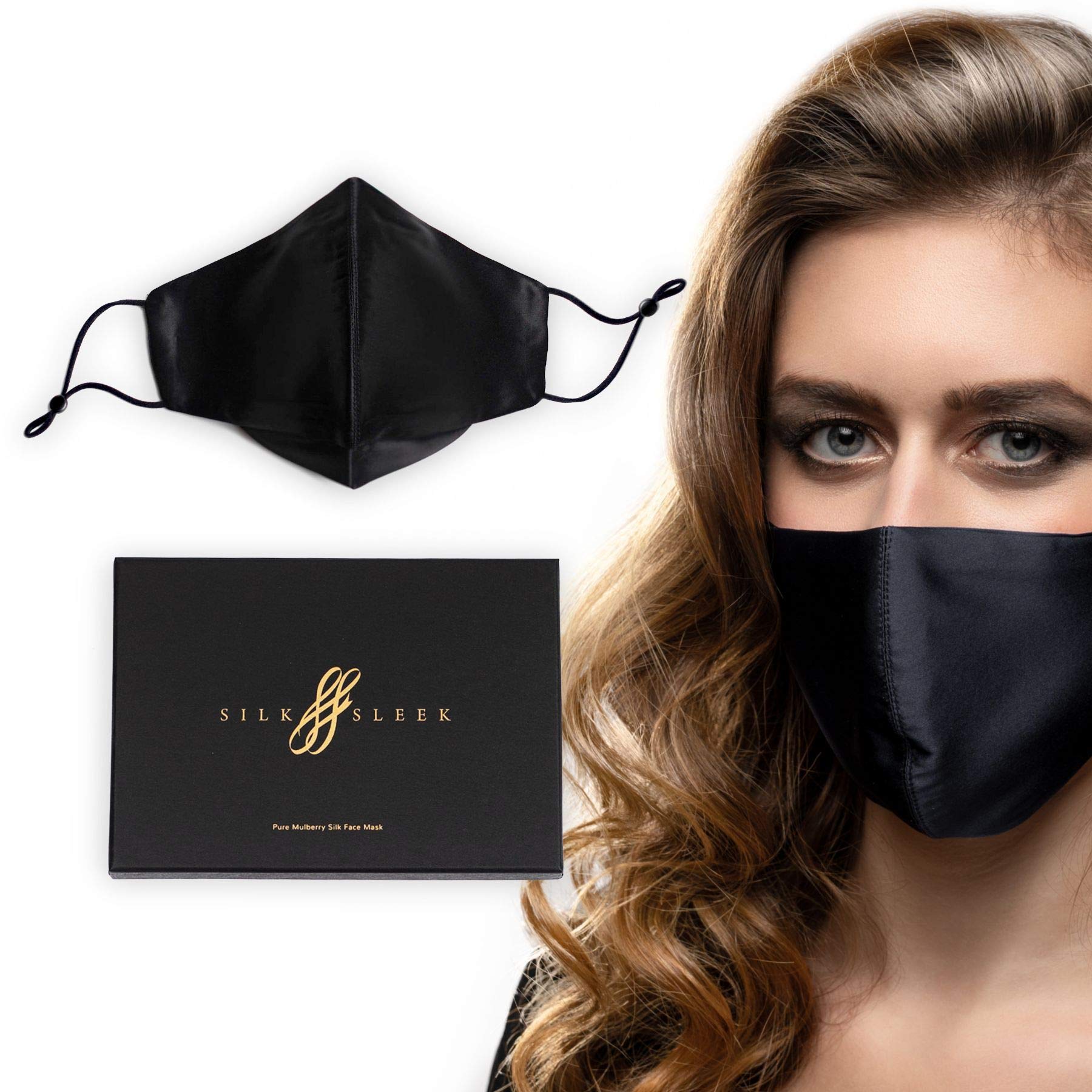 SilkSleek Pure Mulberry Silk Face Mask with Nose Wire 2 layers. 100% Pure 6A Grade Natural Silk Adjustable Washable & Breathable. (Black)