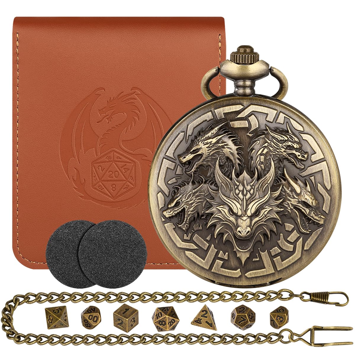 Mini DND Dice Set with 5 Dragon Heads Pocket Watch Shell Case, D&D Starter Set, 7pcs Polyhedral Tiny Metal Dice Kit, D&D Gifts with Gift Bag, Role Playing Game Accessories, Dragon Gifts