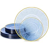 Ciselure 60PCS Blue Plastic Plates with Gold Rim, Lace Patterns Heavy Duty Disposable Plates Include 30 Dinner Plate 10 Inch and 30 Salad Plate 7 Inch for Party, Wedding, Transparent Blue