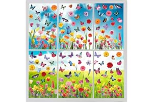 QNTCCX Spring Window Clings Stickers - Enchant Your Glass Windows with 127 Pieces on 9 Sheets - Tulip, Butterfly, and Flower Designs for a Colorful Home Décor