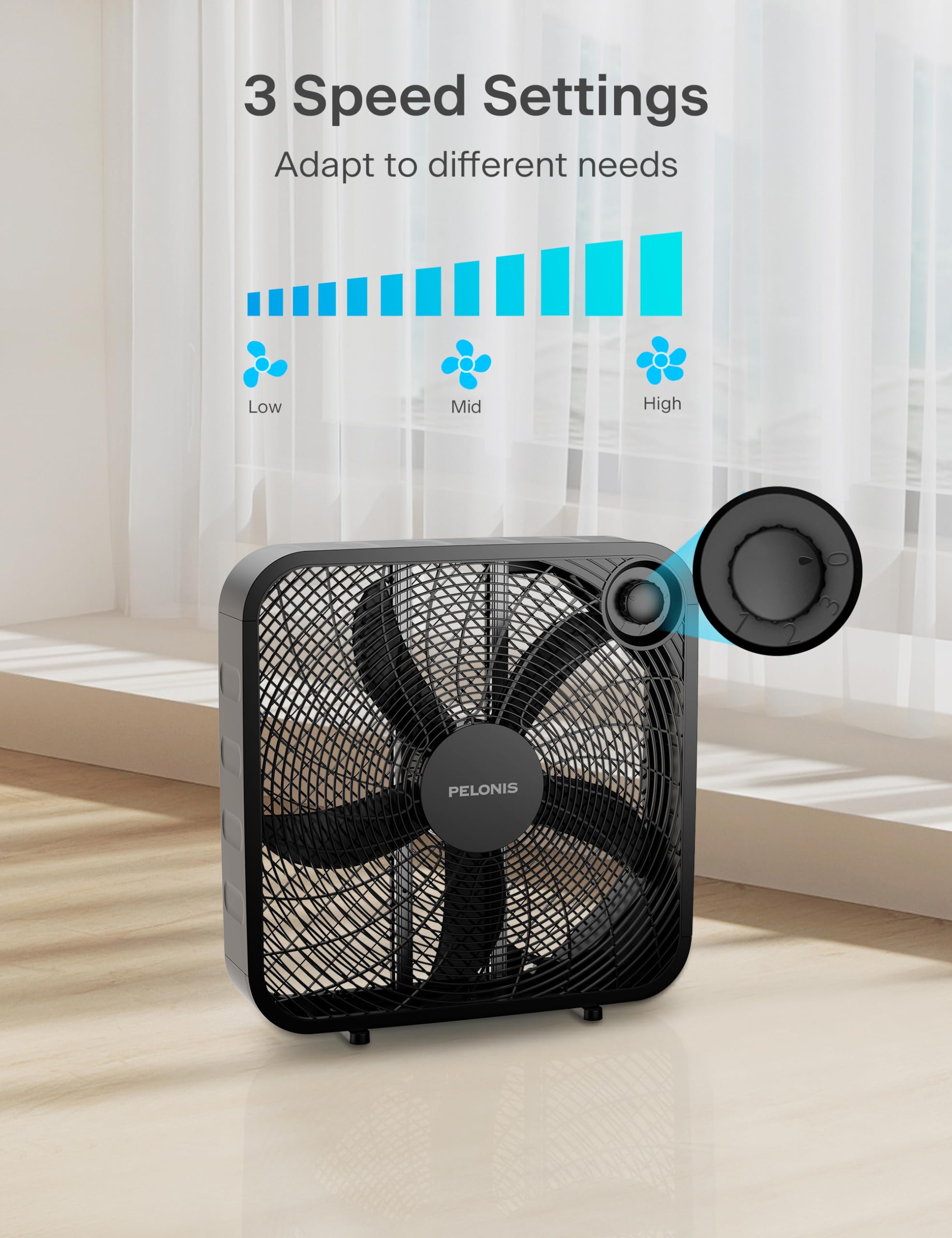 Pelonis Box Fan 20 Inch – Adjustable 3 Speeds For the Perfect Noise Level for Sleeping – 4 Blade Technology Provides Powerful Airflow to Beat the Heat – Sleek Design, Lightweight, Durable, Black