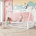 Mirightone Twin Floor Bed for Kids Tent-Shaped Montessori Floor Bed with Slats and Guardrails Twin Size Wood Teepee Bed Frame with Fence and Door for Boys Girls, White