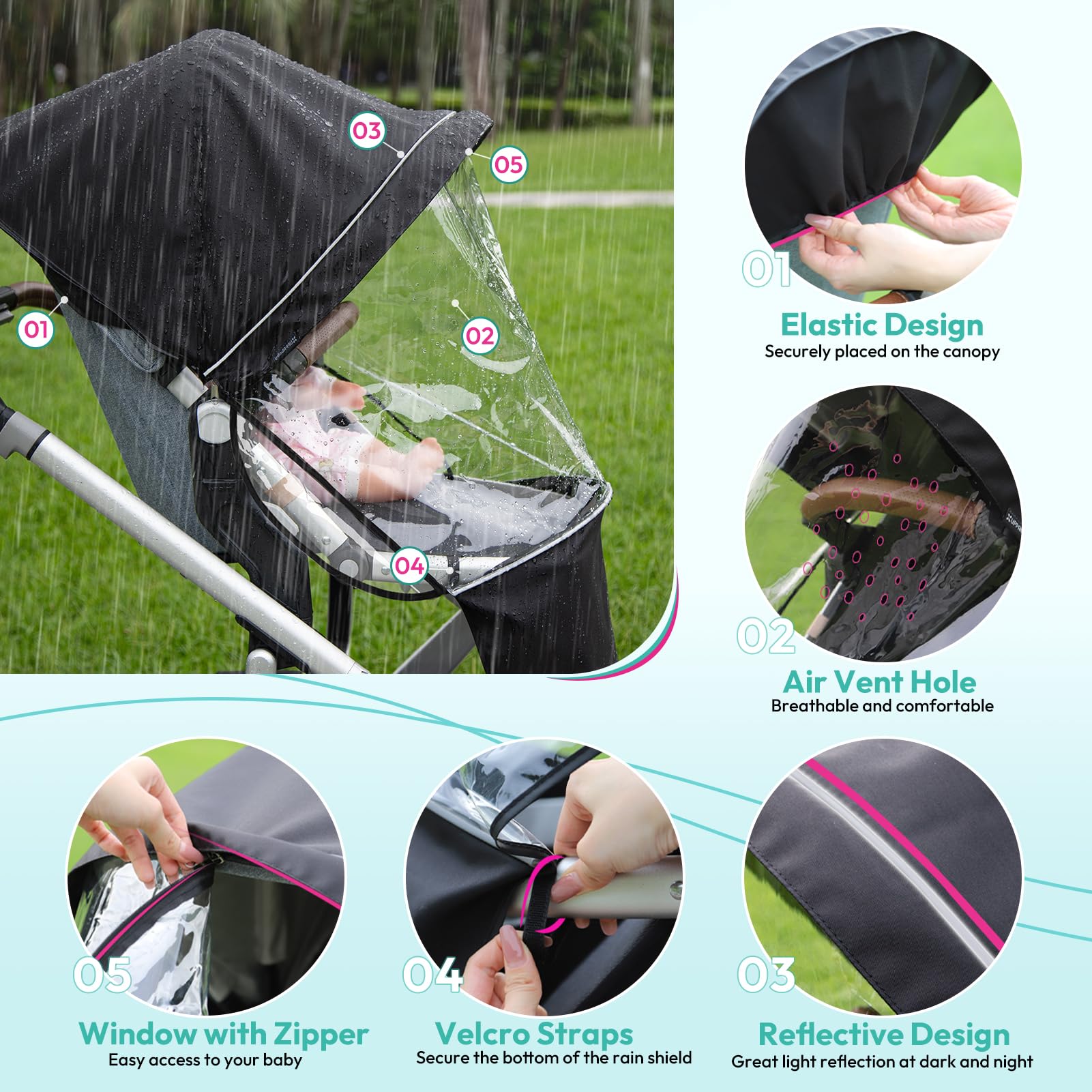 Performance Rain Shield, Rain Cover Fits for UPPAbaby Vista/Vista V2/Vista V3/Cruz/Cruz V2 Stroller, Protect from Wind/Rain/Snow/Dust, Air Vent Hole, Window with Zipper, Stroller Accessories