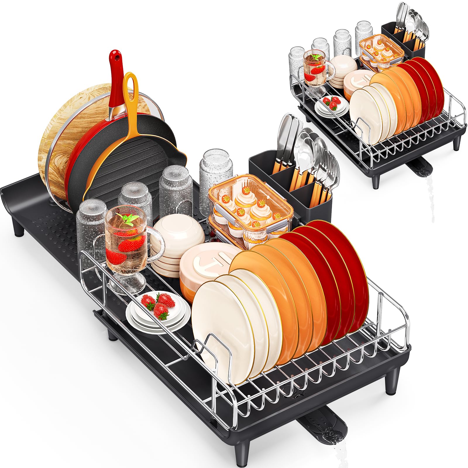 Photo 1 of (CRACKED CORNER)TOOLF Expandable Dish Rack, Dish Drying Rack for Kitchen Counter, Foldable Dish Dryer Rack, Stainless Steel Dish Drainer Racks with Cutlery Holder, Collapsible Dish Drying Racks Large Size,Black