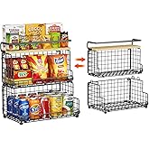 X-cosrack 3-Tier Stackable Snack Organizer with Pine Wood Top-Trapezoid Metal Wire Basket, Countertop & Wall Mounted Snack Holder for Kitchen Pantry Cabinet, Muti-functional Food Fruit Stoarge, Black
