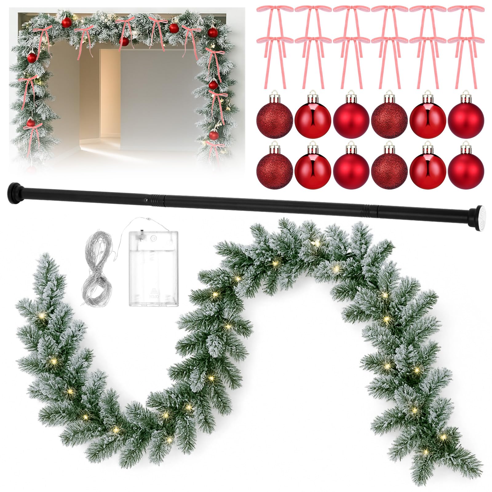 Photo 1 of 17.7-51.1 Garland Hanger for Door Frame Tension Rod with Christmas Garland Xmas Red Ball Ornaments Pink Bows for Doorway Front Door Mantel Window Outdoor