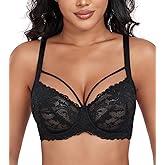 DotVol Women's Plus Size See Through Sexy Lace Bra with Strappy Underwire Everyday Bra