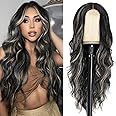NAYOO Long Black Mixed Blonde Wavy Wig for Women 26 Inch Middle Part Curly Wavy Wig Natural Looking Synthetic Heat Resistant Fiber for Daily Party (Black Mixed Blonde)