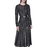 Karl Lagerfeld Womens Long Sleeve Crew Neck Rhinestone Buckle Belt Chiffon Midi Dress