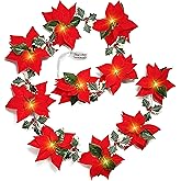 Christmas Poinsettia Garland with Light, 6.5 FT Lighted Artificial Garlands with Red Flowers and Berries, Battery Operated Poinsettia String Lights, Light up for Xmas New Year Home Décor