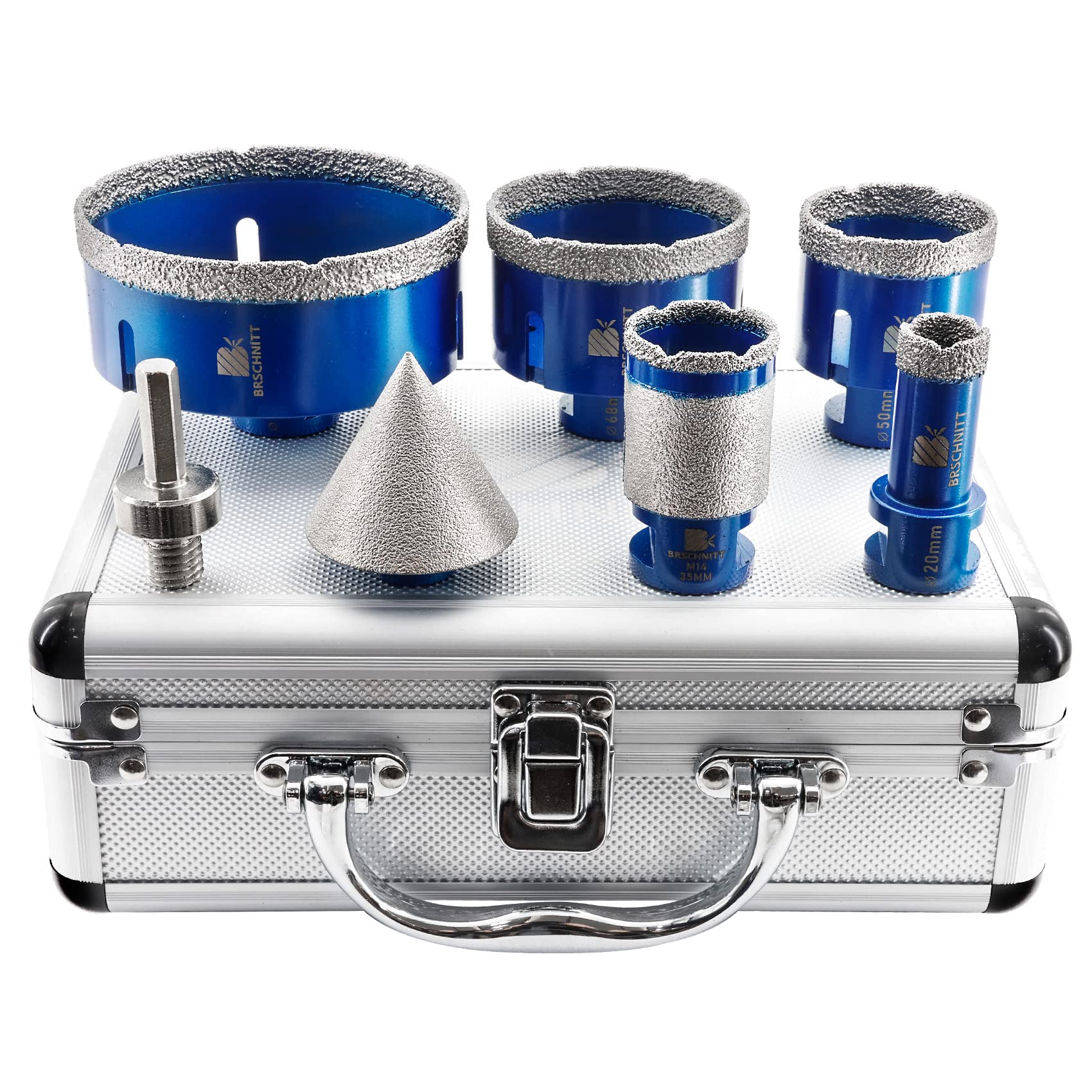 Diamond Core Drill Bit Set for Porcelain Tile Ceramic Marble Granite Drilling,BRSCHNITT 20/50/68/100mm tile bit & 35mm finger drill bit &50mm diamond chamfer bit with M14 Thread &adapter — image 1