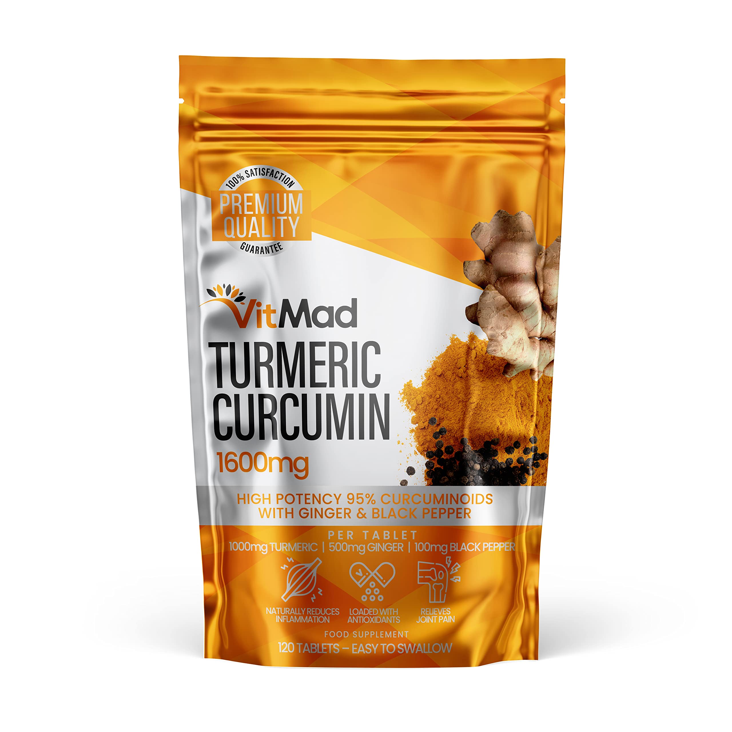 Turmeric Curcumin Ginger Black Pepper 120 Tablets 95% Curcuminoids - Naturally Reduces Inflammation
