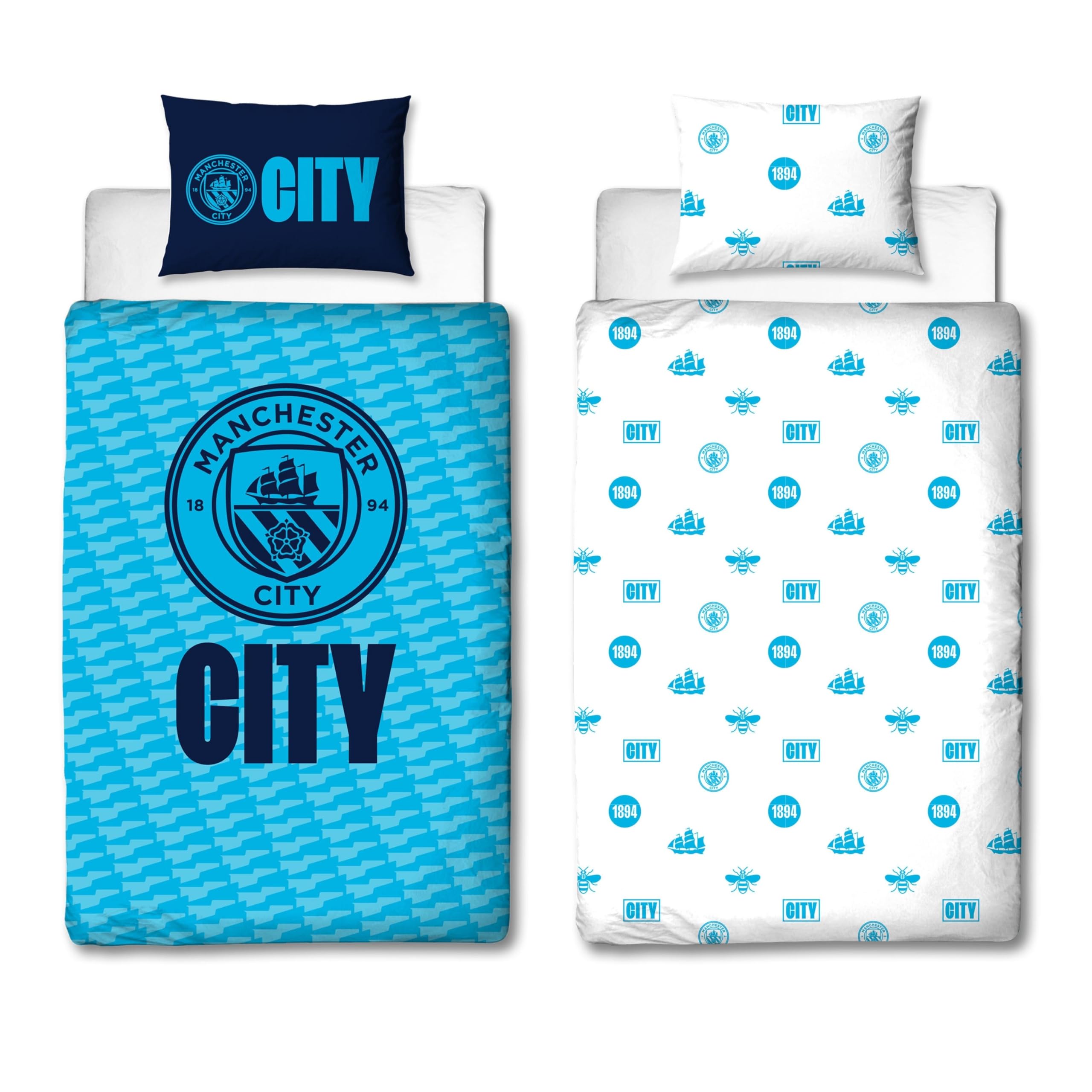 Manchester City FC Official Single Duvet Cover Set, Crestcol Design | Blue Reversible 2 Sided Football Bedding Cover Official Merchandise Including Matching Pillow Case