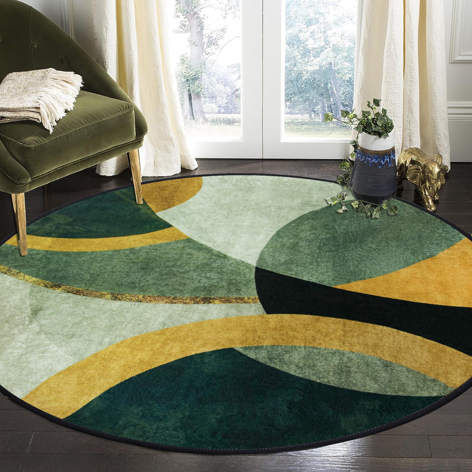 Tapis Design Round Rugs 100cm, Area Rugs For Living Room Emerald Green Pattern Stitching Rugs Non Slip, Washable Circle Green Rug For Living Room Bedroom Bedside