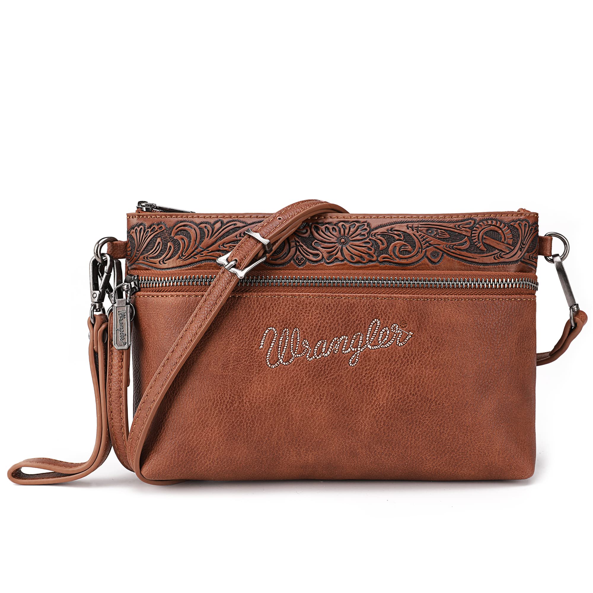 Wrangler Clutch Wristlet Purse Western Crossbody Bags Tooling Pattern Wallet for Women Cell Phone Purse,WG50-181BR Image