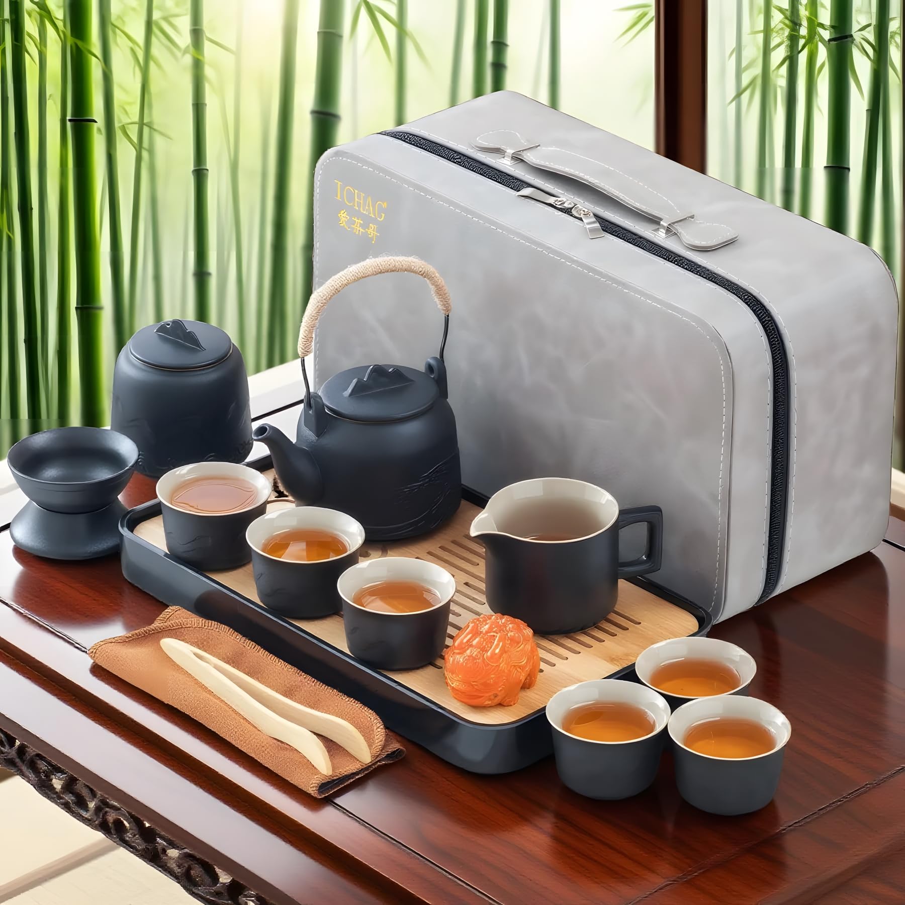 Photo 1 of ICHAG Chinese Tea Set, Japanese Tea Sets for Adults, 15-Piece Porcelain Gongfu Tea Set with Tea Pet & Tea Tray, Japanese Teapot Set, Travel Tea Party Set, for Home/Office/Outdoor/Gifts (Black)