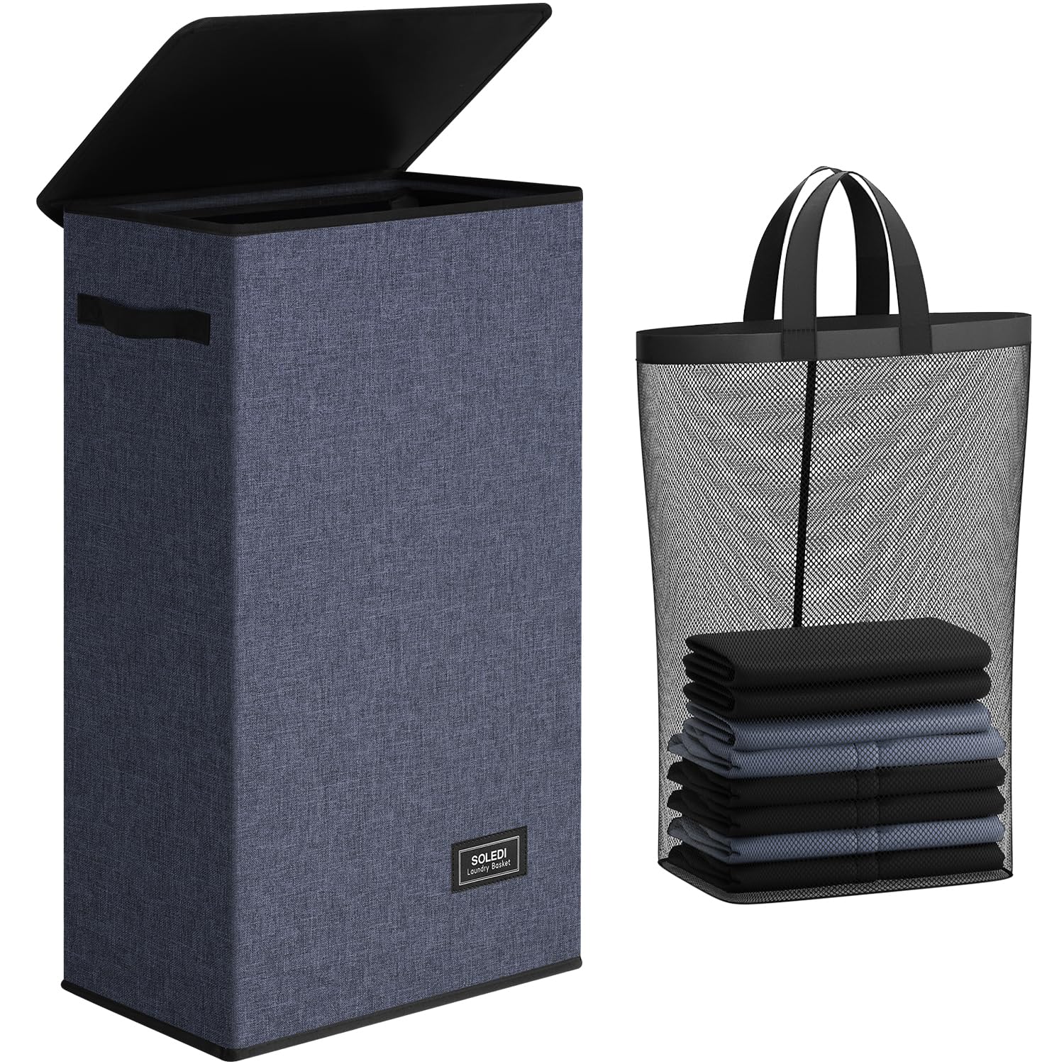 Photo 1 of SOLEDI Slim Laundry Hamper with Lid, Narrow Laundry Basket with Removable Bags, Dirty Clothes Hamper with handle, Small Hamper perfect for Laundry room, Bathroom, Bedroom, Small spaces. 70L Navy Blue