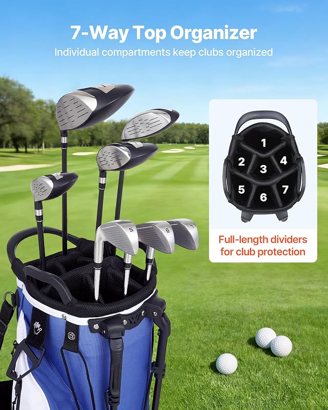 Sac de Golf pour Chariot Voiturette, Sac de Clubs de Golf Trépied 7 Compartiments Supérieurs, pour Golfette Golfeurs, avec Séparateur sur Toute la Longueur, Double Bandoulière et Housse de Pluie