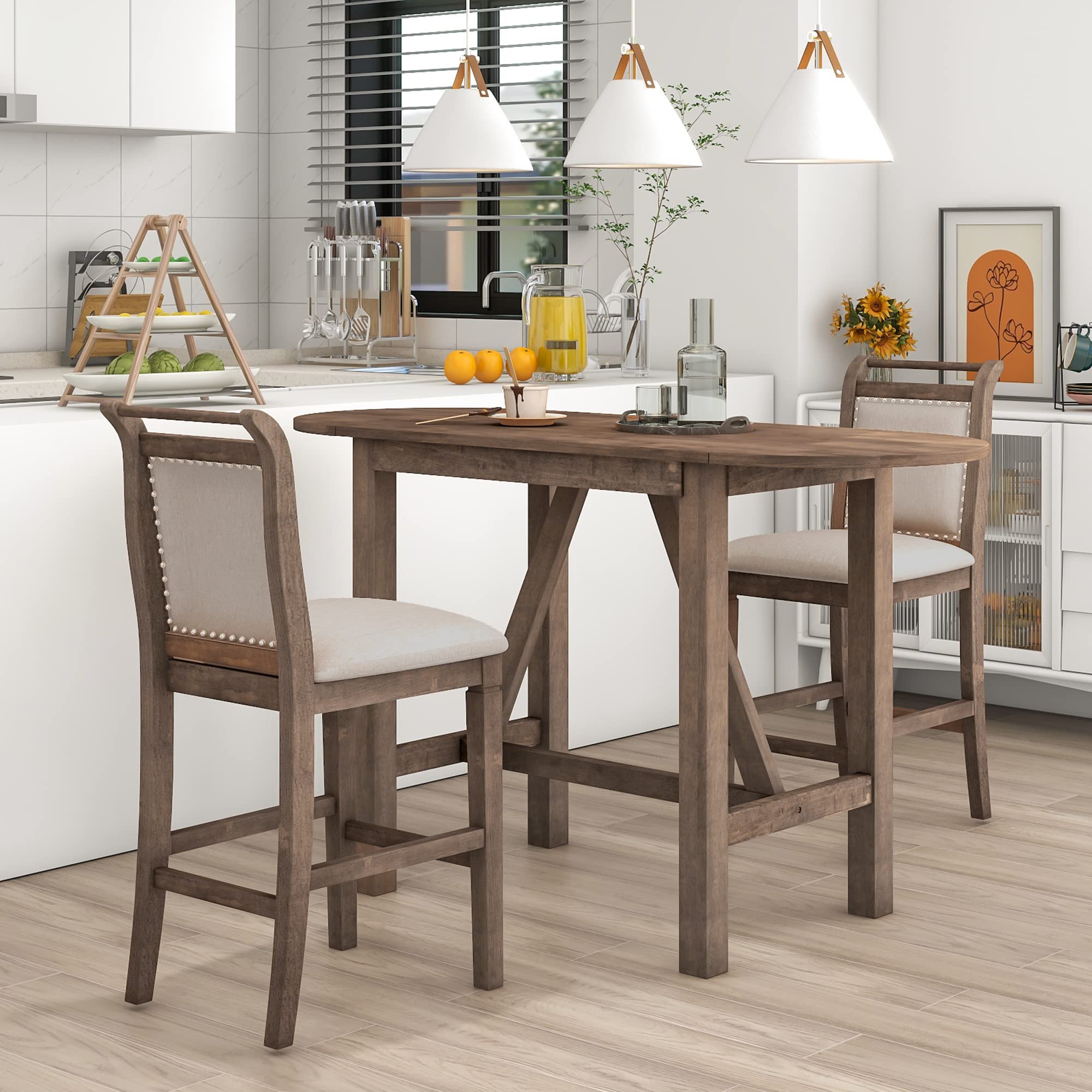 Photo 1 of *** PARTIAL SET, TABLE ONLY NO CHAIRS *** Merax 3-Piece Wood Counter Height Drop Leaf Dining Table Set with 2 Upholstered Chairs for Small Place, Brown