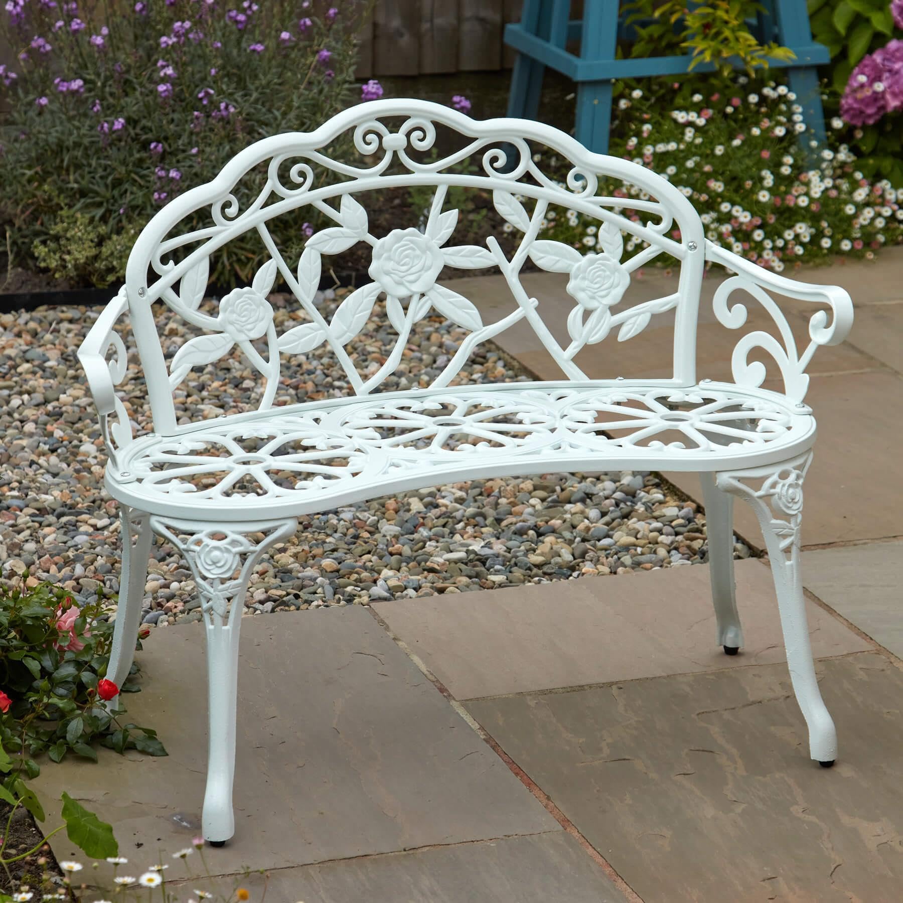 Home Source Cast Iron Garden Bench Metal Frame Patio Chair Outdoor Seating, White, 2 Seater