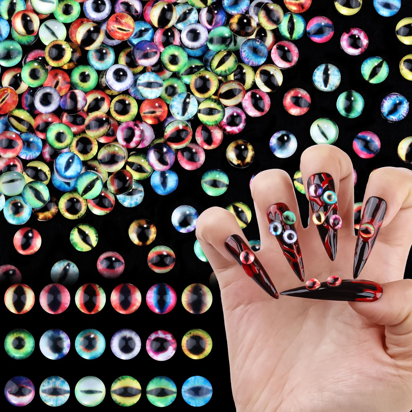 Photo 1 of 100PCS Mixed Colors Eye Beads Nail Charms 6mm/0.24inch 3D Glass Crystal Animal Eyeball Decoration Devil Eye Dragon Eye Round Nail Art Rhinestones Gems for Halloween DIY Craft (1-eye-6mm)