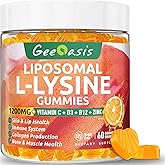 Liposomal L-lysine Gummies 1200mg, Lysine Chewable Supplement with Vitamin C, D3, B12 & Zinc for Adults & Kids, Immune & Collagen Support, Lips & Skin Health, Vegan, Natural Fruit Flavor, 60CT
