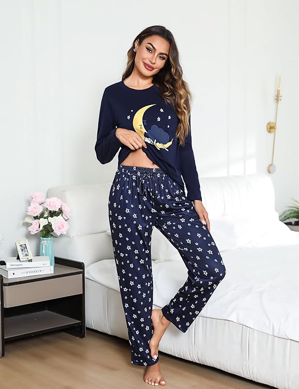 Ensemble de Pyjama Femme Hiver Cotton Vêtements de Nuit à Chaud Manches Longues 2 Pièces Imprimé Tenue de Nuit Bleu Foncé,S — photo 2 sur 6