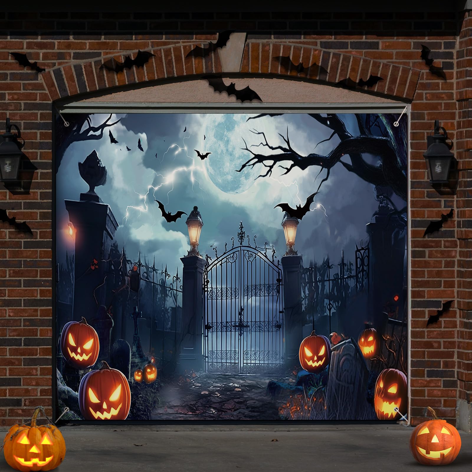 Photo 1 of Preboun Halloween Garage Door Banner Large Hanging Backdrop Door Cover Halloween Garage Wall Decorations for Outdoor Holiday (7 x 8 ft)