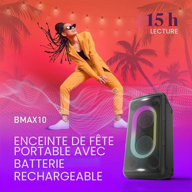 SC-BMAX10E-K Enceinte de Fête Portable avec Bluetooth, Lumières Intégrées, 150W, USB, Entrée Optique pour TV, Entrées Guitare et Micro pour Karaoké, Noir
