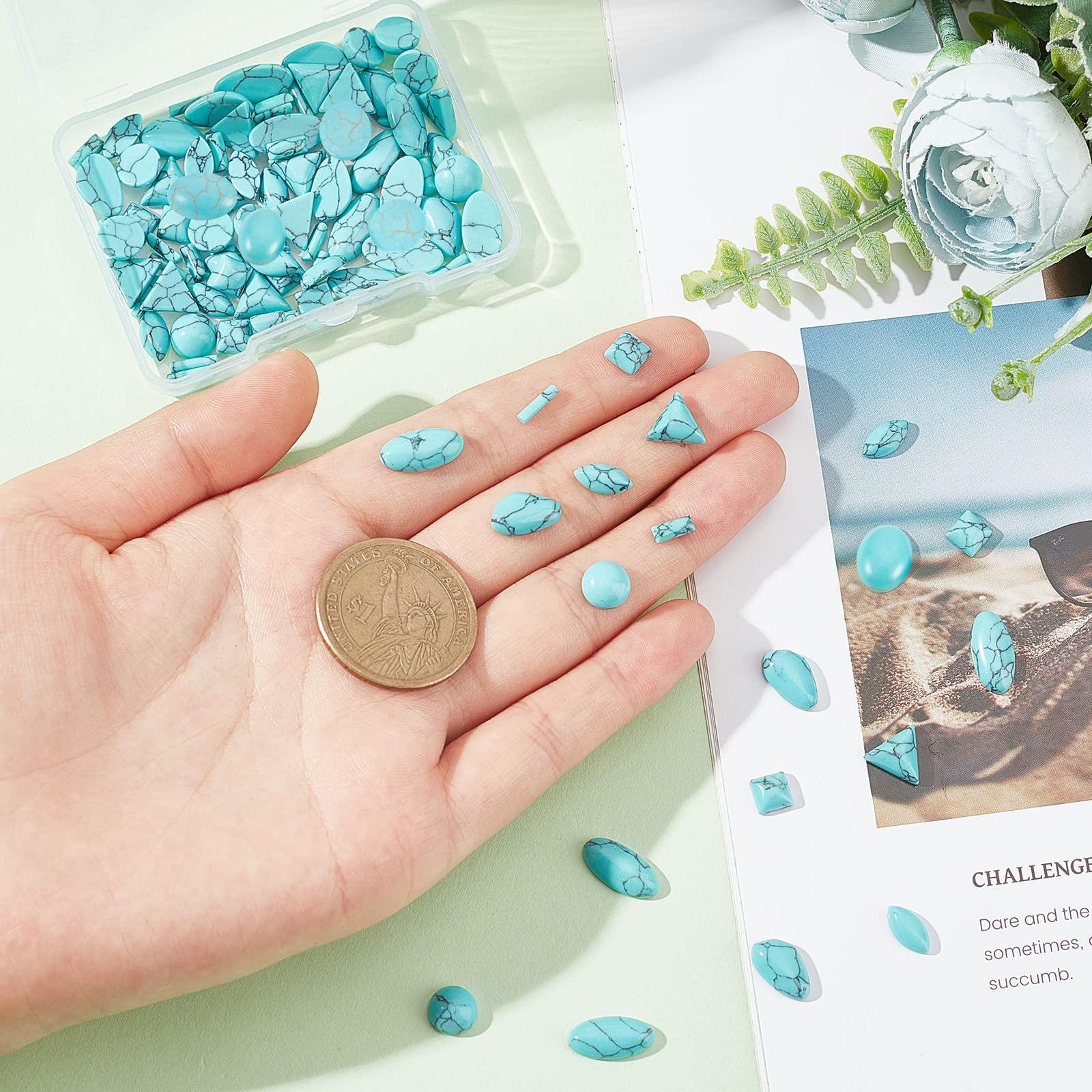PH PandaHall 96pcs Stone Cabochons, 8 Shapes Blue Texture Gemstone Tiles Column Square Bead Half Round Synthetic Turquoise Cabochon Tile for Bracelet Necklace Earrings Cameo Jewelry Making
