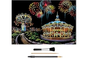 MIASTAR Scratch Painting Kits for Adults & Kids, Craft Art Set, Rainbow Scratch Art Painting Paper, Sketch Pad DIY Night View Scratchboard, 16'' x 11.2'' Creative Gift - with 3 Tools (Amusement Park)