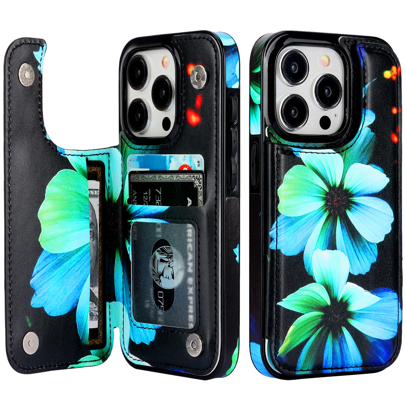 HAOPINSH for iPhone 15 Pro Wallet Case with Card Holder, Blue Florals Pattern Back Flip Folio PU Leather Kickstand Card Slots Case for Women Girls, Double Magnetic Clasp Shockproof Cover 6.1"