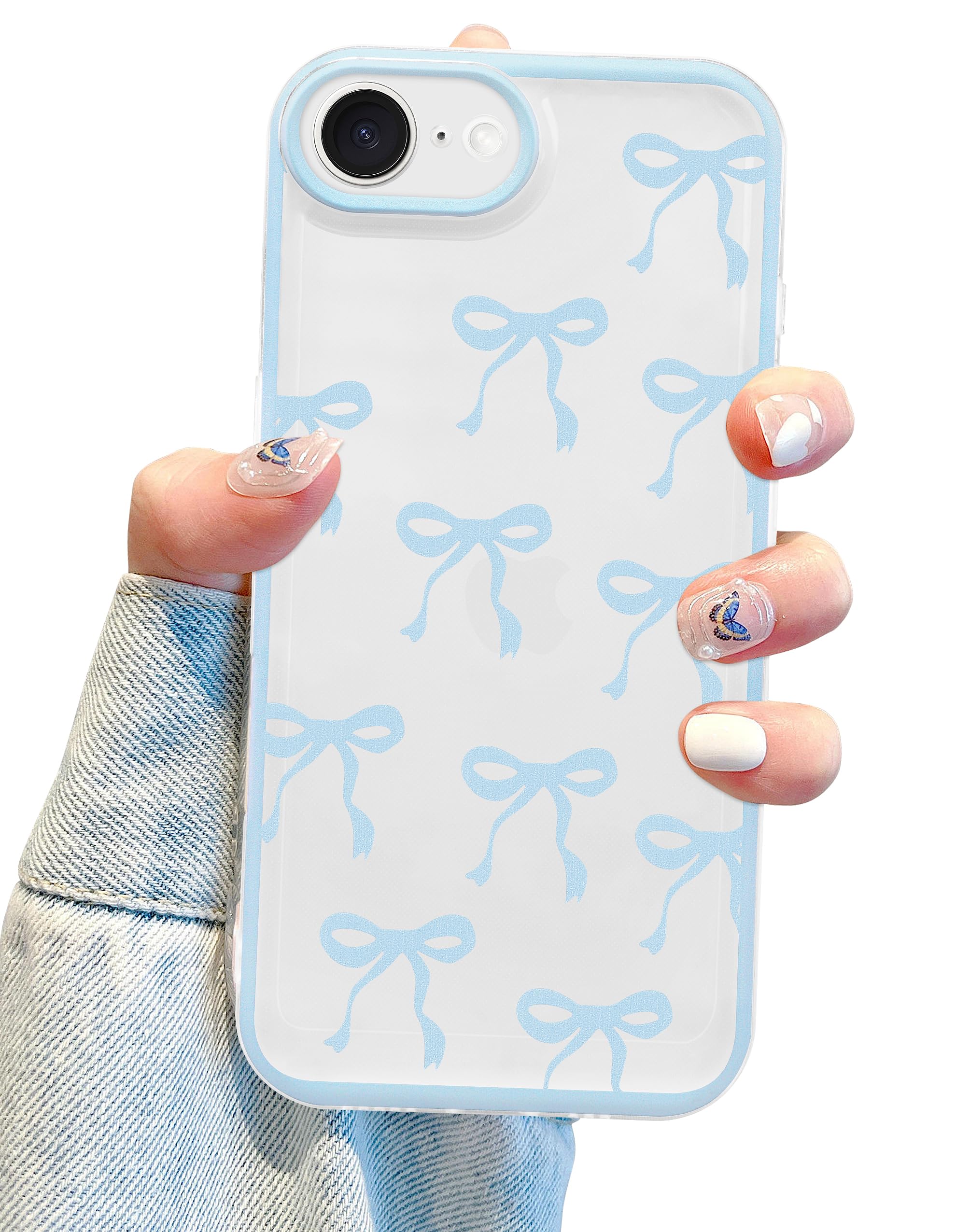 Photo 1 of Jusy Compatible with iPhone 7/8/SE Bow Phone Case, Cute Clear Ribbon Bowknot Pattern Aesthetic Soft TPU Transparent Cases Protective Phone Cover for Women Girly - Blue