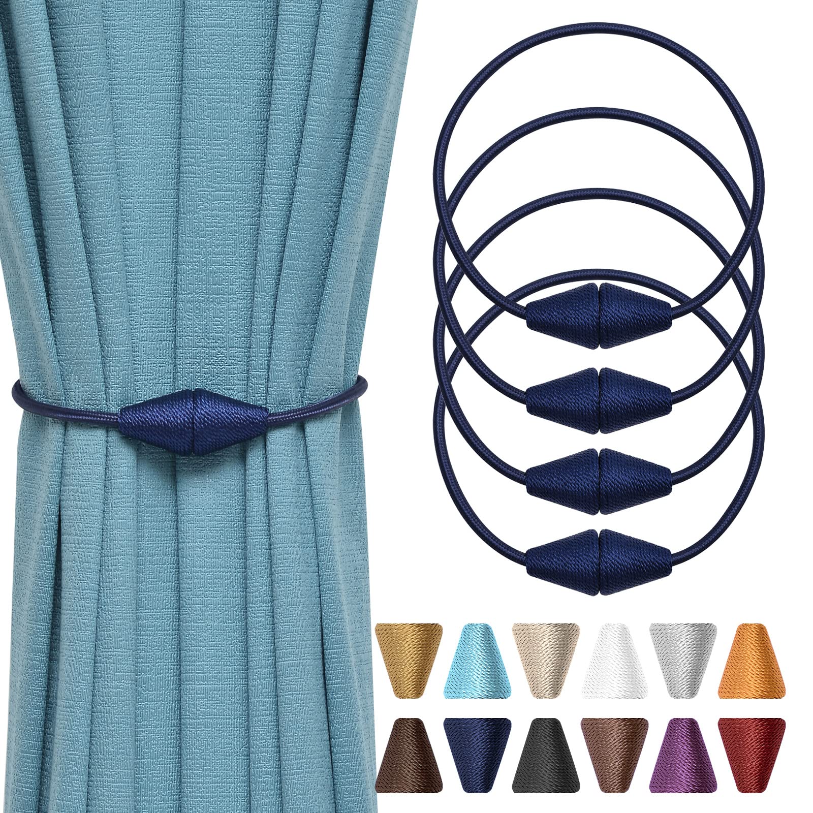 Pretty Jolly 4 Pack Upgrade Magnetic Curtain Tiebacks Handmade Weave Rope Curtain Holdbacks Convenient Decorative Cone Curtain Drape Tie Backs for Home & Office Window Drapery (Dark Blue)