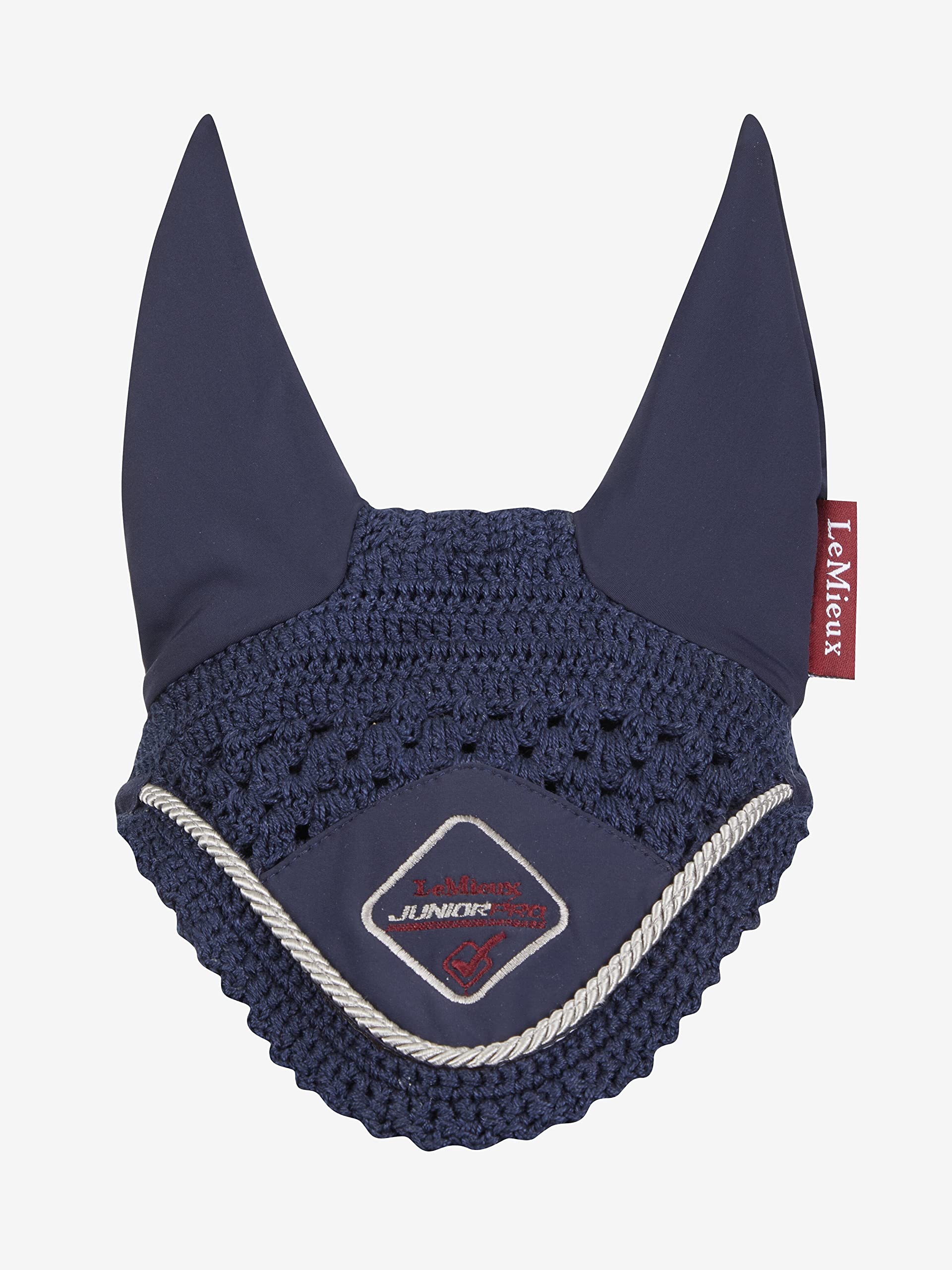 LeMieux Junior Pro Fly Hood in Navy with Soft Lycra Ear - 3 Way Close Knit Crochet - Sport Horse Wear for Competitive Rider - Small