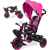 KRIDDO 7-in-1 Push Tricycle w/Parent Steering Handle, Ages 1.5 to 5 Years | Rotatable Seat, Cup Holder, Toddler Tricycle with Retractable Canopy, Detachable Guardrail, Footrest &amp; Safety Harness