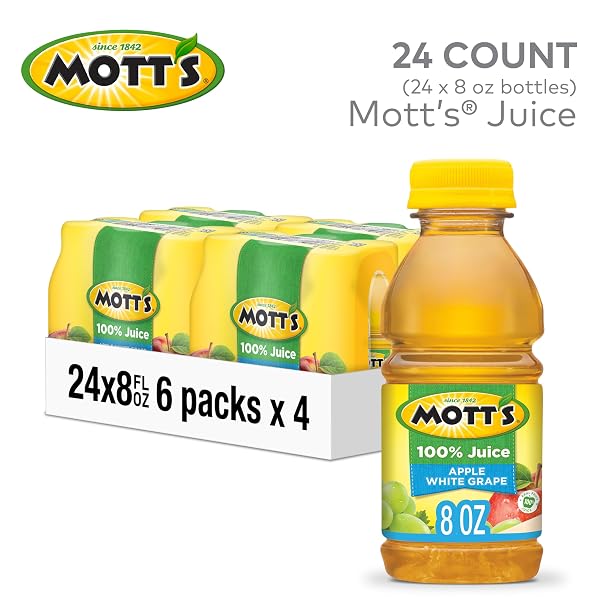 MOTT’S 100% APPLE WHITE GRAPE JUICE, 8 FL OZ BOTTLES, 24 COUNT (4 PACKS OF 6), NO ADDED SUGAR, EXCELLENT SOURCE OF VITAMIN C, 2 SERVINGS OF FRUIT PER BOTTLE, GLUTEN & CAFFEINE FREE, ON-THE-GO