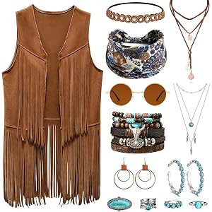 Tiwindx 60s 70s Outfit for Women Hippie Costume Accessories Set | Bohemian Fringe Vest Boho Headband Hippie Sunglasses Turquo