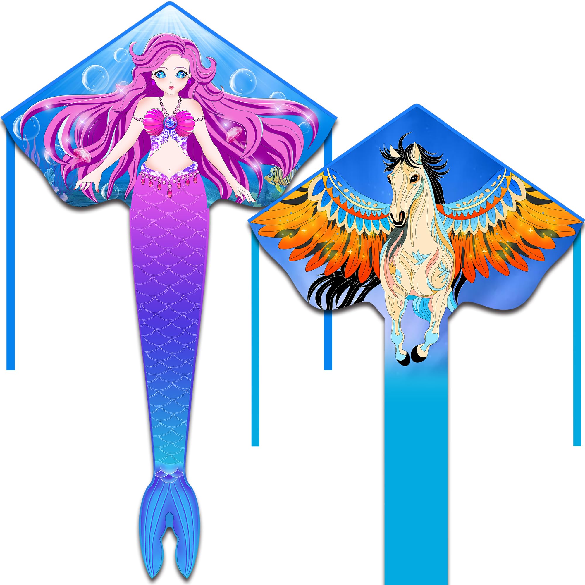 HONBO Large Mermaid Kites for Kids & Adults, Easy to Fly Delta Kite, Beginner Kites for Girls &Boys, Pegasus Beginner Kite for Kids,(Mermaid+Pegasus)