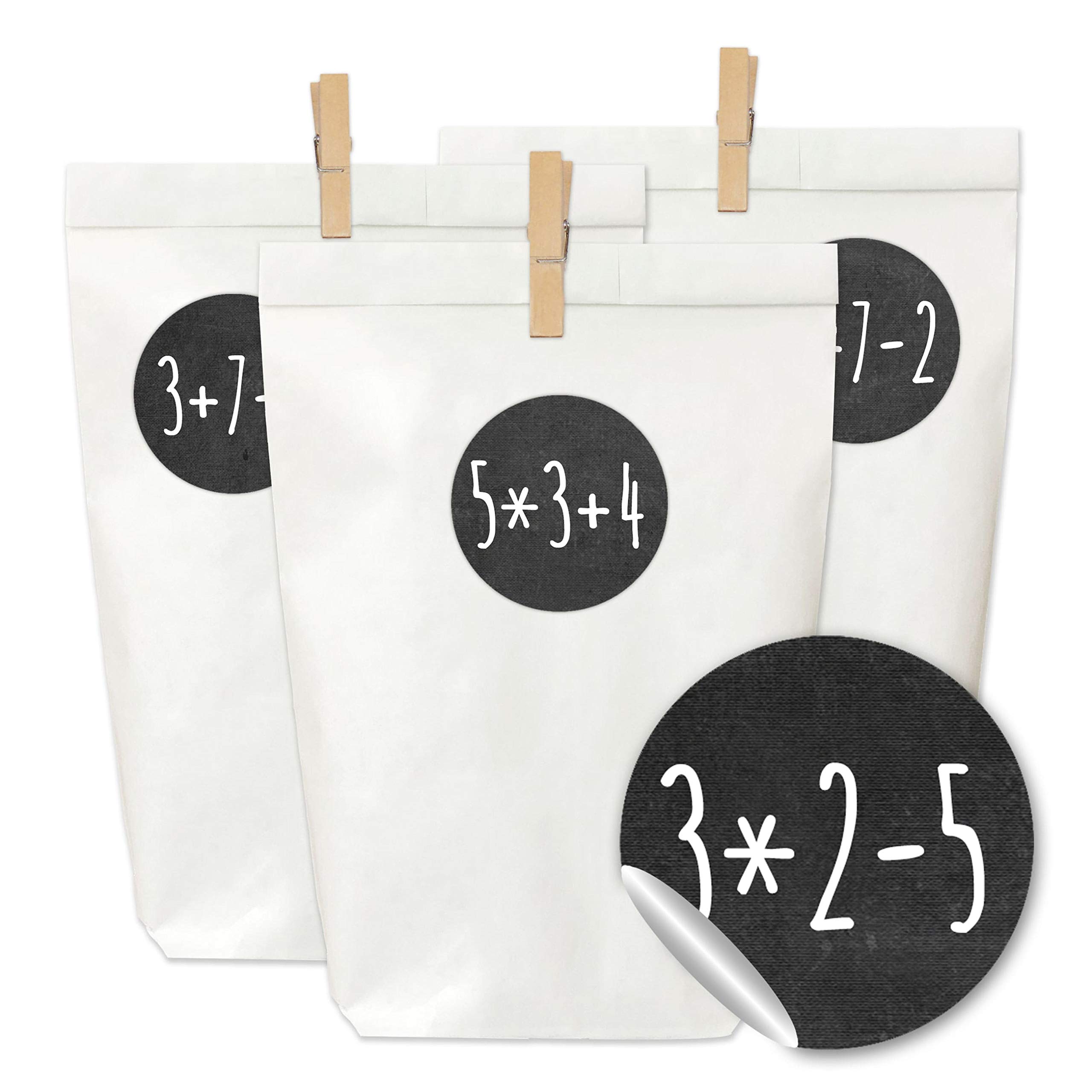 Papierdrachen Advent Calendar for filling - 24 paper bags with stickers and 24 wooden brackets - motif Computing tasks black - 68