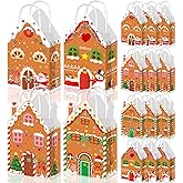 Qpout 12Pcs Christmas Party Favors Bags, Gingerbread House Shaped Gift Bags with Handles Paper Snack Goodie Candy Treat Bags for Winter Xmas Holiday Gift Wrapping Baby Shower